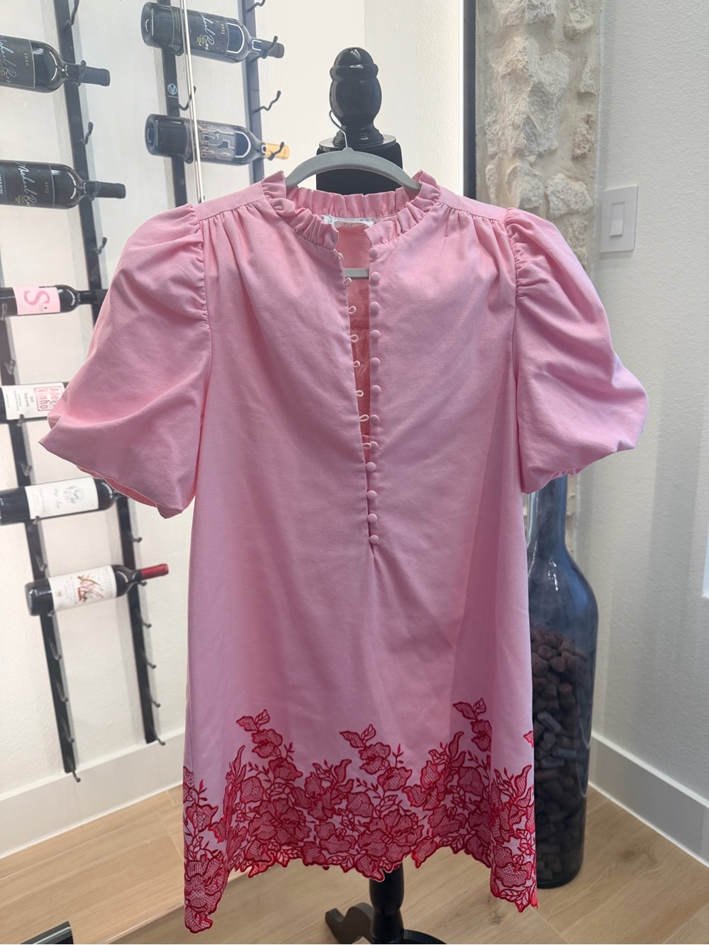 Women’s Pink Hyacinth House Embroidered Hem Puff Sleeve Dress
